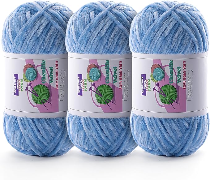 3 Skeins Soft Fluffy Velvet Yarn, Chenille Chunky Yarn for Hand Knitting and Crocheting DIY Craft, Amigurumi Crochet Yarn（3×196.8yds, 3×3.5oz） (Light Blue)