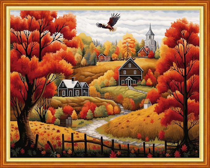 Findvoor Stamped Cross Stitch Kits for Beginner Embroidery Kits for Beginners Adults DIY 11CT Cross Stitch Patterns Needlepoint Kits Crossstitching Kits-Golden Autumn Home 16x20 inch