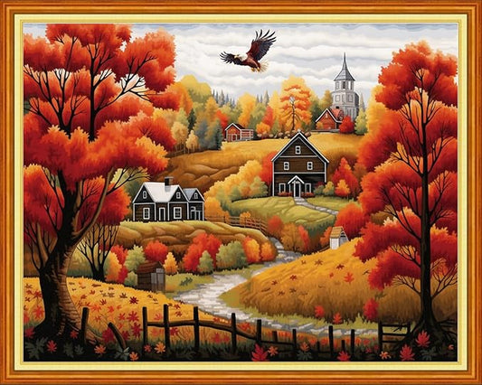 Findvoor Stamped Cross Stitch Kits for Beginner Embroidery Kits for Beginners Adults DIY 11CT Cross Stitch Patterns Needlepoint Kits Crossstitching Kits-Golden Autumn Home 16x20 inch
