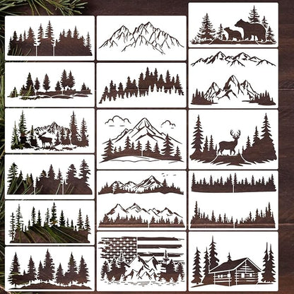 Zosylley Pine Tree & Mountain Animal Stencils for Wood Burning, Painting & Decorating, 16pcs Reusable & Washable PET Plastic, 12x8 & 12x6 Inch