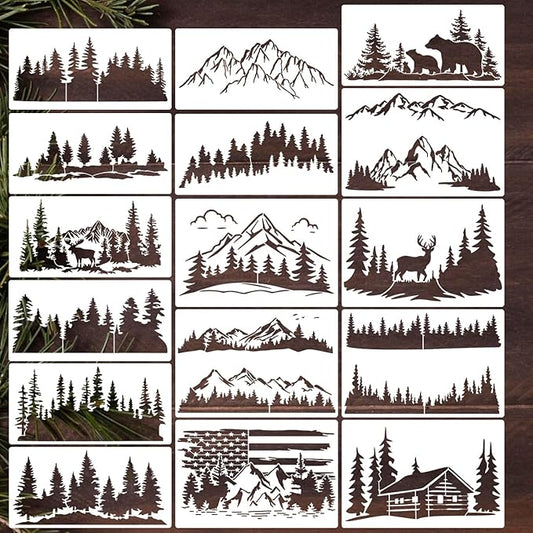 Zosylley Pine Tree & Mountain Animal Stencils for Wood Burning, Painting & Decorating, 16pcs Reusable & Washable PET Plastic, 12x8 & 12x6 Inch