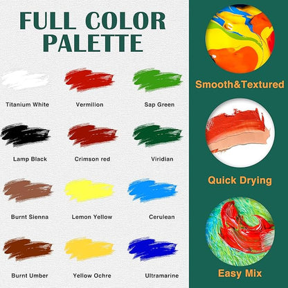 ESRICH Acrylic Paint Set,Paint Set with 10 Paint Brushes12 Color 12ml Acrylic Paint,1 Palettes and 4 Pcs Canvas for Students, Artists and Beginner Art Supplies