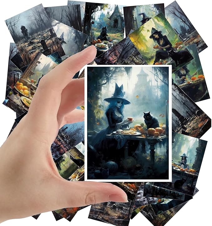 Large Stickers 24 pcs (2.5"x3.5" Each) Spooky Illustrations of Scary Witches in Graveyards Vintage Halloween Postcards Retro Greeting Card Book Illustration Reprint