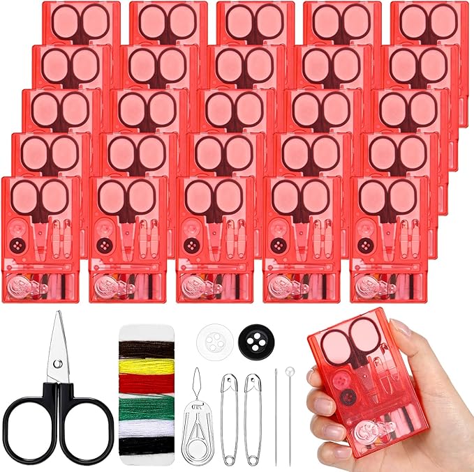 Knitgrip 25 Boxes Mini Travel Sewing Kit Quick Fix Sewing Kits Bulk Basic Portable Pre Threaded Needle Emergency Repair Tool for Christmas Gifts Beginner Traveler Home Hotel (Red)