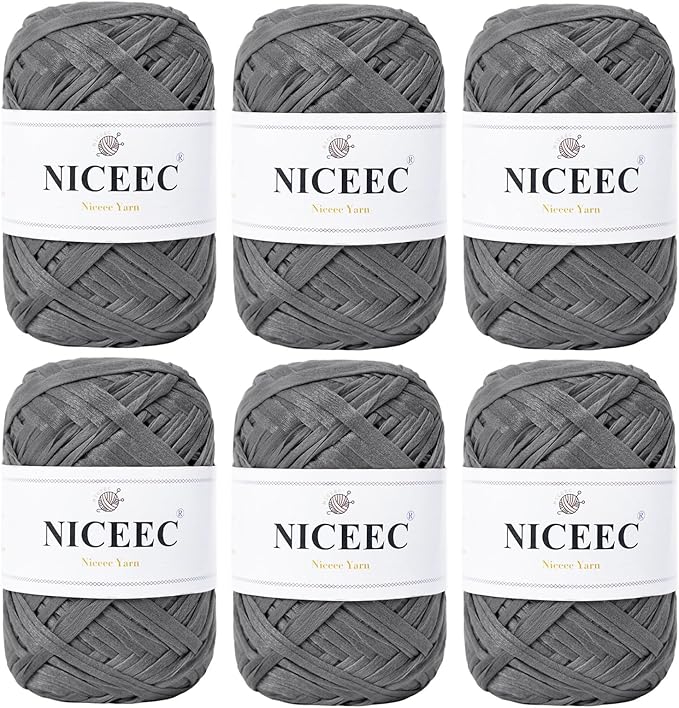 NICEEC 6 Skeins Soft Tape Yarn, Easy Crohcet Raffia, Crochet & Knitting, Paper Ribbon Yarn for DIY Craft Gift Wrapping Total Length 1.76oz×6/109yds×6 - Dark Gray