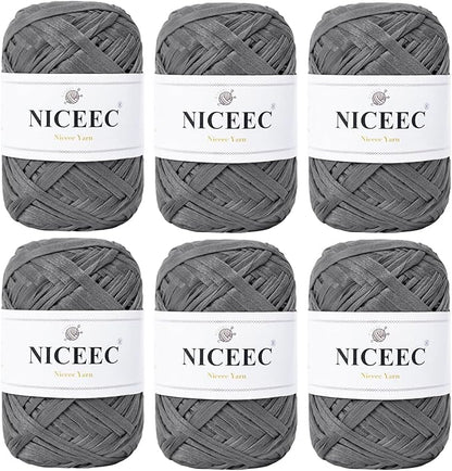 NICEEC 6 Skeins Soft Tape Yarn, Easy Crohcet Raffia, Crochet & Knitting, Paper Ribbon Yarn for DIY Craft Gift Wrapping Total Length 1.76oz×6/109yds×6 - Dark Gray