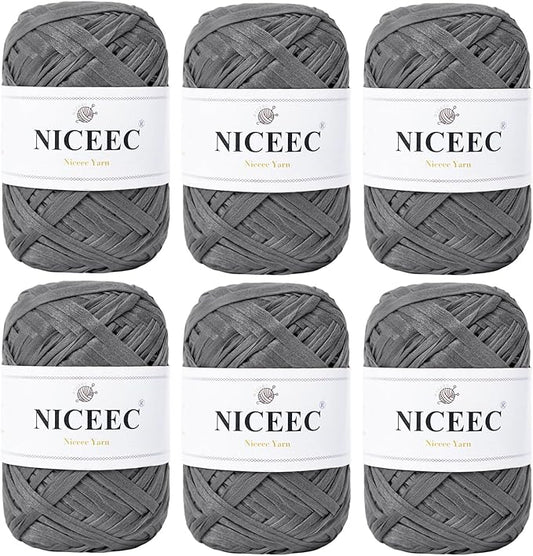 NICEEC 6 Skeins Soft Tape Yarn, Easy Crohcet Raffia, Crochet & Knitting, Paper Ribbon Yarn for DIY Craft Gift Wrapping Total Length 1.76oz×6/109yds×6 - Dark Gray