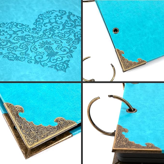 ADVcer Photo Album DIY Scrapbook, 10x10 inch 50 Pages Vintage Leather Cover Three-Ring Binder Picture Booth Albums + 9 Colors 408pcs Self Adhesive Photos Corners for Personalized Memory Keep (Cyan)