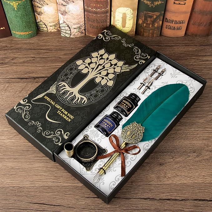 TIANREN Quill pen ink set,Feather Pen and Ink Set,Antique Calligraphy Pen with 4 Replaceable Nibs,2 Bottle of ink,Feather Dip Pen Holder Christmas Gift for Men&Women.(Green)