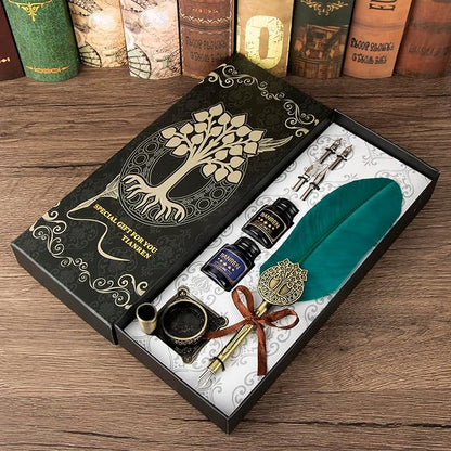 TIANREN Quill pen ink set,Feather Pen and Ink Set,Antique Calligraphy Pen with 4 Replaceable Nibs,2 Bottle of ink,Feather Dip Pen Holder Christmas Gift for Men&Women.(Green)