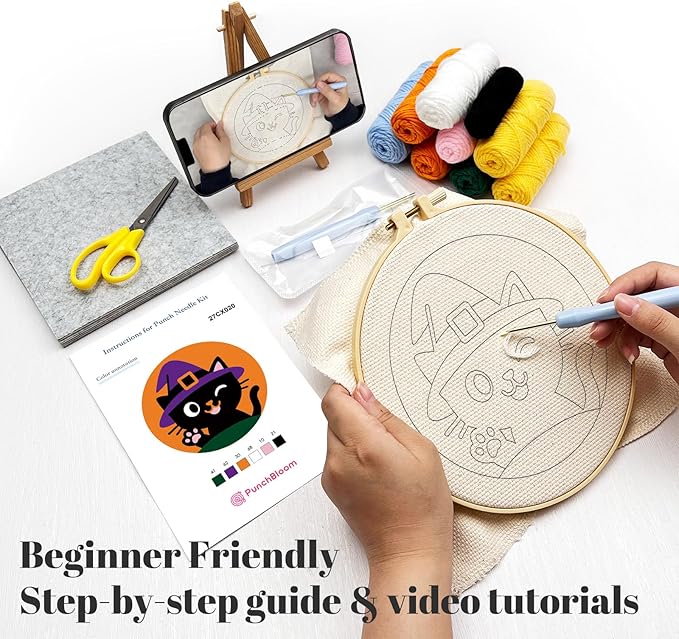 Halloween Punch Needle Kit for Adult Beginner, Easy Punch Embroidery Starter Set with Instruction, Fun DIY Needle Point Craft for Home Decor & Holiday Gift Idea(2pcs Cat & Spider)