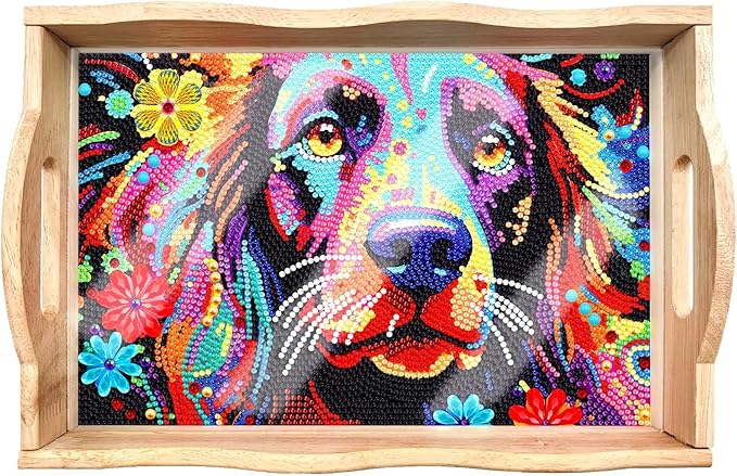 DIY Art Painting Wooden Tray Kit With Handle, Diamond Painted Table Decoration for Breakfast, Bar Dinner Table, Diamond Dots Gem Painting Art Set for Beginners (#24-Dog)
