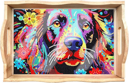 DIY Art Painting Wooden Tray Kit With Handle, Diamond Painted Table Decoration for Breakfast, Bar Dinner Table, Diamond Dots Gem Painting Art Set for Beginners (#24-Dog)