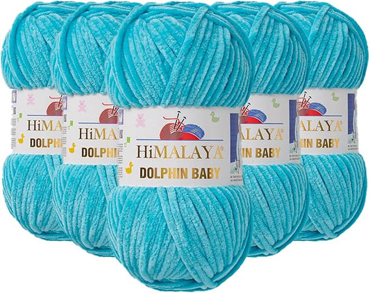 5 Skein/Pack Himalaya Dolphin Baby Chenille Yarn, Each Ball 100 gr (3.5 oz), 120 m (132 Yards), 100% Polyester, Super Bulky Baby Blanket Velvet Amigurumi Yarn, 80315 - Cyan