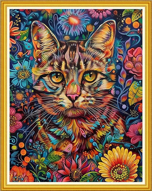 Magxvouy Cross Stitch Kits Stamped Full Range of Embroidery Kits,Cross Stitch Patterns Needlework Kits for Beginners 11CT Printed Kits&Colorful Flower Cat 16x20 inch