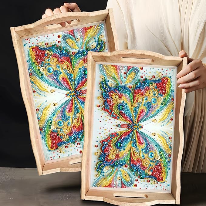 DIY Diamond Art Wooden Tray Kit, Food Tray with Handle Diamond Painted Table Decoration Tray, for Breakfast, Bar Dinner Table Diamond Dots Gem Painting Art Set for Beginners-#29-Butterfly