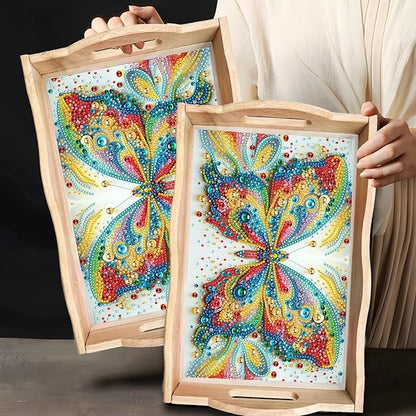 DIY Diamond Art Wooden Tray Kit, Food Tray with Handle Diamond Painted Table Decoration Tray, for Breakfast, Bar Dinner Table Diamond Dots Gem Painting Art Set for Beginners-#29-Butterfly