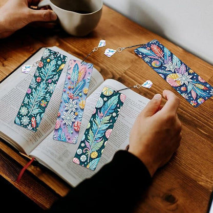 4 Pcs DIY 5D Diamond Painting Bookmark Kits, Special Shaped Acrylic Crystal Rhinestones Book Marks, Feather Diamond Art Bookmarks Crafts with Crystal Pendant, Handmade Tassel Bookmarks Gift Set