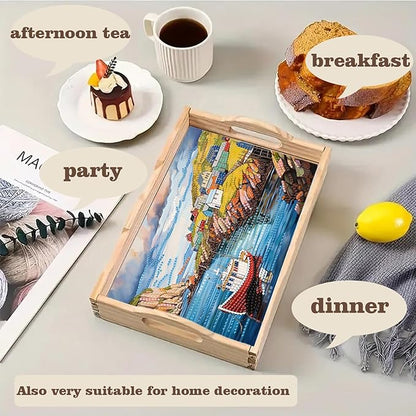 SHLUHA Diamond Art Kits for Adults Diamond Painting Wooden Serving Trays with Handle Food Tray for Party Breakfast Home Decor Gift