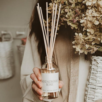 Sweet Water Decor Sandalwood Rose Reed Diffuser Set - Rose, Wood, Amber, Vanilla, & Musk Scented Diffusers - Scent Diffusers for Home, Long Lasting Fragrance, Made in The USA