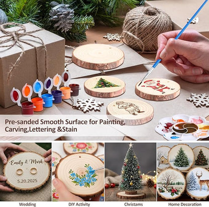 Kathfly 20 Pcs Unfinished Wood Slice with Hole for Centerpieces 3.5-8 Inch 4 Sizes Natural Wood Craft Kit Round Wooden Discs with Paint Brush Palette DIY Craft Christmas Ornament Wedding Home Decor