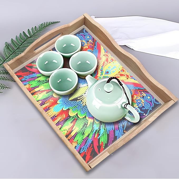 Generic FGbaby DIY 5D Owl Diamond Painting Wood Serving Tray with Handles Diamond Art Decorative Serving Trays Wooden Tray for Breakfast in Bed, Patio, BBQ, Coffee Table, Party –Great for Lap & Couch