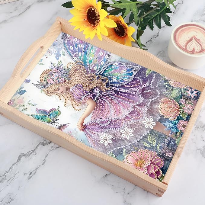 JISHSHAY Diamond Art Serving Tray Diamond Painting Food Tray Gem Art Serving Platter Gem Painting Mosaic Kits for Adults DIY Kits for Adults, with Wood Handle 20×30cm/7.87×11.81in, Elf Fairy