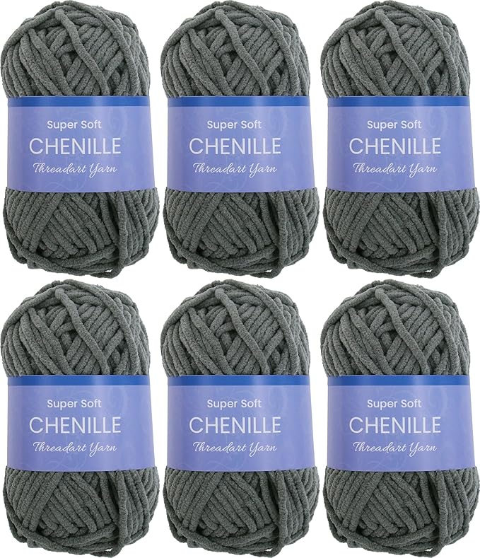 6 Pack ThreadArt Chenille Yarn for Crocheting, Knitting, Amigurumi, Super Soft Plush Velvet Yarn - 50 Gram 60 yds #5 Fluffy Yarn Skeins - Dark Grey 15
