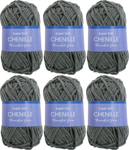 6 Pack ThreadArt Chenille Yarn for Crocheting, Knitting, Amigurumi, Super Soft Plush Velvet Yarn - 50 Gram 60 yds #5 Fluffy Yarn Skeins - Dark Grey 15