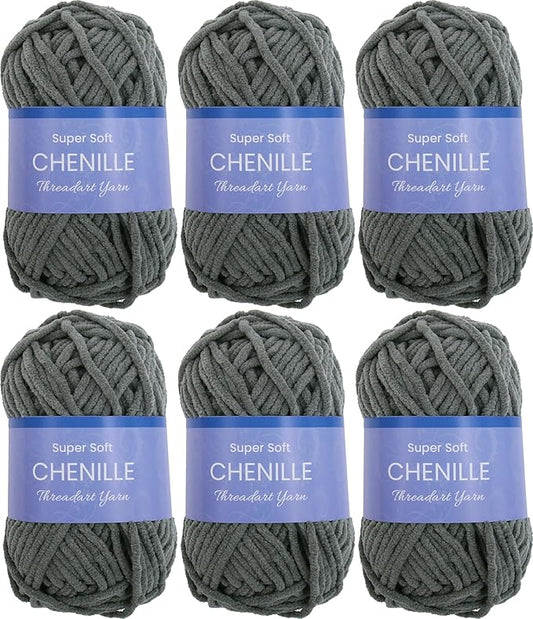 6 Pack ThreadArt Chenille Yarn for Crocheting, Knitting, Amigurumi, Super Soft Plush Velvet Yarn - 50 Gram 60 yds #5 Fluffy Yarn Skeins - Dark Grey 15