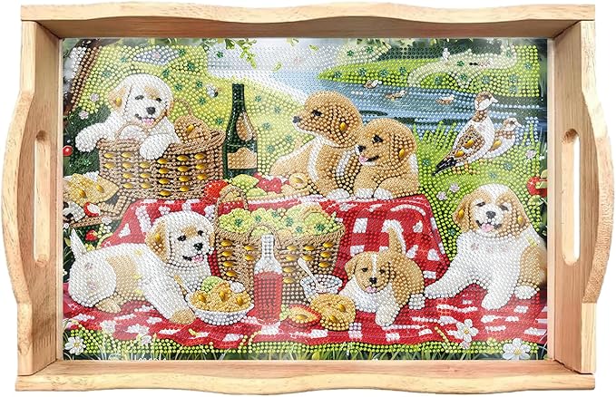 DOTSOPS Diamond Art Painting Wooden Serving Trays with Handles Tray with Handles Gem for Parties Home Decor (7.8x11.8 Inches)