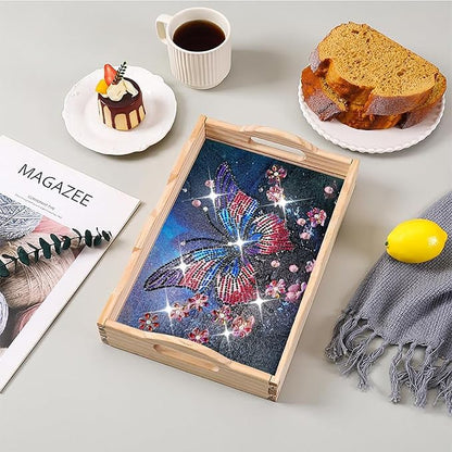 Generic DIY Diamond Art Wooden Tray Kit, Food Tray with Handle Diamond Painted Table Decoration Tray, for Breakfast, Bar Dinner Table Diamond Dots Gem Painting Art Set for Beginners-#24-Butterfly