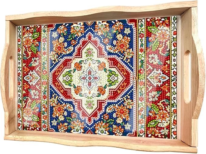 DOTSOPS 5D Diamond Art Kits for Adults Wooden Serving Tray with Handle Special Diamond Painting Plate Big Gem Dots Paint by Numbers Crafts Kits for Living Room Mandala 10 x 14 Inches