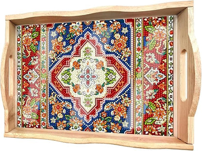 DOTSOPS 5D Diamond Art Kits for Adults Wooden Serving Tray with Handle Special Diamond Painting Plate Big Gem Dots Paint by Numbers Crafts Kits for Living Room Mandala 10 x 14 Inches