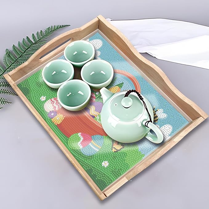 DIY Art Painting Wooden Tray Kit with Handle - Diamond Painted Table Decoration for Breakfast, Bar, Dinner - Beginner Art Set (#35-Easter Eggs)