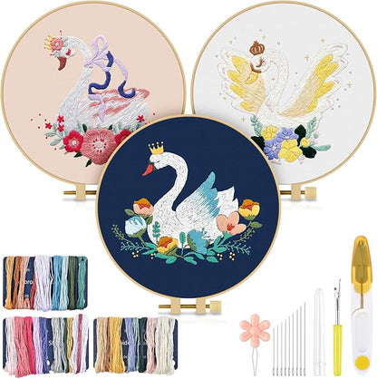 TINDTOP 3 Pack Embroidery Kit for Adult Beginners, Embroidery DIY Starter Kit, with Swan Stamped Patterns, Hoop, Tools, Colorful Threads with Needles, Instructions