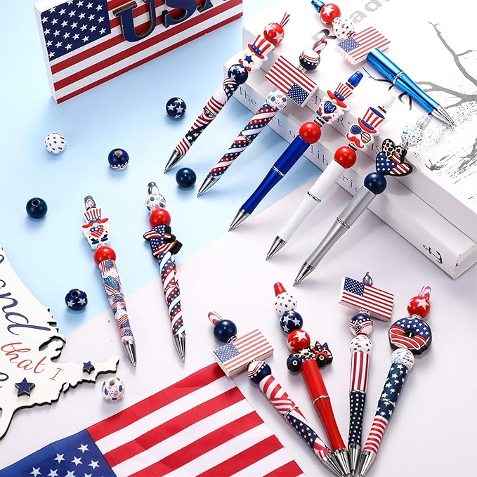 Geyee 12 Set Plastic Beadable Pens Assorted Bead Pens Crystal Wood Round Spacer Set Black Ink DIY Ballpoint for Women Men Gift Office Supplies(American Flag)