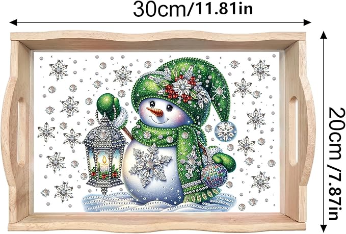 DIY Diamond Art Painting Wooden Tray Kit, Food Tray with Handle Diamond Painted Table Decoration Tray, for Breakfast, Bar Dinner Table Diamond Dots Gem Painting Art Set for Beginners-Snowman3