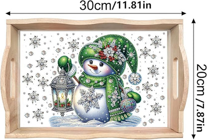 DIY Diamond Art Painting Wooden Tray Kit, Food Tray with Handle Diamond Painted Table Decoration Tray, for Breakfast, Bar Dinner Table Diamond Dots Gem Painting Art Set for Beginners-Snowman3