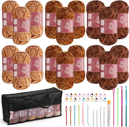 LUNARM 18 Skeins Chenille Yarn for Crocheting, Handmake Weaving Thick Soft Chunky Yarn for Blankets Clothes Crochet Craft with Crochet Hooks Needles Stitch Markers,3.53oz/Skein(Brown Series)