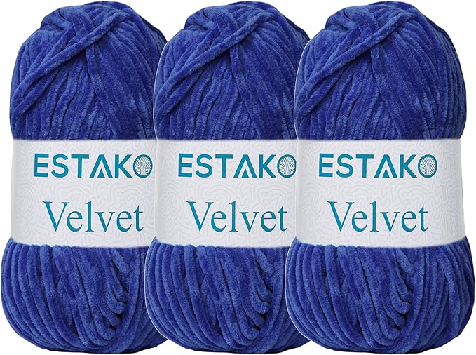 Estako Velvet (3- Skeins Pack) Chenille Blanket amigurumi Yarn for Crocheting and Knitting Super Bulky 3x100 gr (3x132 yds) (1240 - Royal Blue)