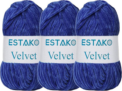 Estako Velvet (3- Skeins Pack) Chenille Blanket amigurumi Yarn for Crocheting and Knitting Super Bulky 3x100 gr (3x132 yds) (1240 - Royal Blue)