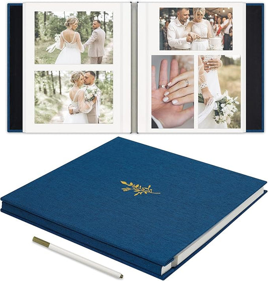 Remowith Self Adhesive Photo Album, Navy Blue Scrapbook Album with DIY 40 Blank Pages, Wedding Photo Album with A Metallic Pen for 4x6 5x7 2x3 Pictures, 10.6"x11"
