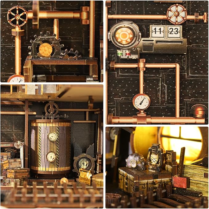 Foyucool DIY Book Nook Kit, Miniature Bookshelf Decor with LED Lights, Laser-Cut Wooden Craft Set for Adults, Creative Gift for Christmas, Birthday, Mechanical World