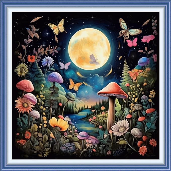 Joyhoor Cross Stitch Kits for Beginners Stamped Cross-Stitch Supplies Needlework preprint Embroidery Kits for Adults DIY Needlepoint Kits Embroidery Patterns 11CT-Mushroom Moon 18.x18 inch
