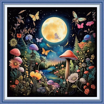 Joyhoor Cross Stitch Kits for Beginners Stamped Cross-Stitch Supplies Needlework preprint Embroidery Kits for Adults DIY Needlepoint Kits Embroidery Patterns 11CT-Mushroom Moon 18.x18 inch