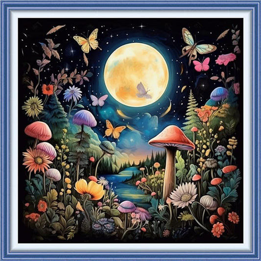 Joyhoor Cross Stitch Kits for Beginners Stamped Cross-Stitch Supplies Needlework preprint Embroidery Kits for Adults DIY Needlepoint Kits Embroidery Patterns 11CT-Mushroom Moon 18.x18 inch