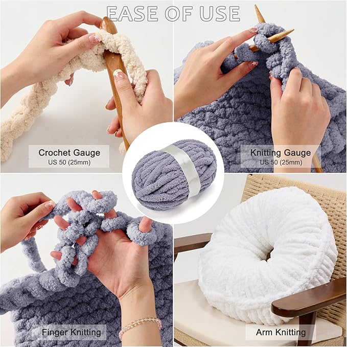 ERLYEEN Chenille Chunky Yarn Super Bulky Soft Thick Fluffy Jumbo Giant Washable Polyester Big Yarn DIY for Arm Knit Blanket Cushion Bed Sofa Home Decor,Grey,1.1LB