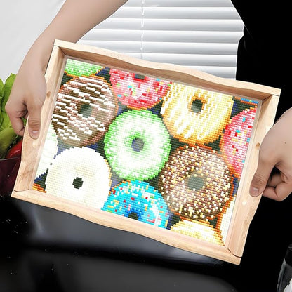 DIY Art Painting Wooden Tray Kit, Food Tray with Handle Diamond Painted Table Decoration Tray, for Breakfast, Bar Dinner Table Diamond Dots Gem Painting Art Set for Beginners (#32-Doughnut)