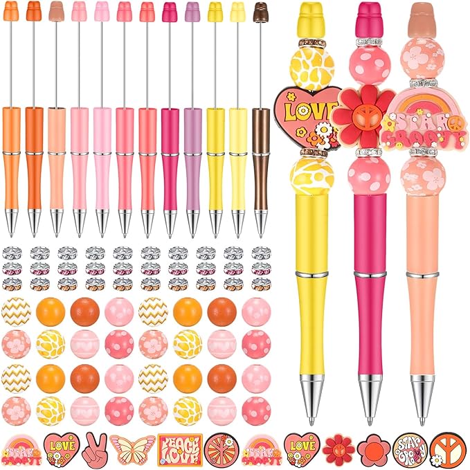 Geyee 12 Set Plastic Beadable Pens Assorted Bead Pens Crystal Wood Round Spacer Set Black Ink DIY Ballpoint for Women Men Gift Office Supplies(Groovy)